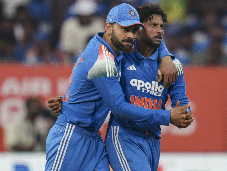 India South Africa 3rd ODI Vizag Win; India Defeats South Africa 9 Wickets; Kohli Kuldeep Dance, No-Look Six VIDEO | લાઇવ મેચમાં વિરાટ-કુલદીપે કર્યો સાલસા ડાન્સ: વિકેટ લીધા બાદ સ્લો ડાન્સ જોઈ ટીમના સભ્યો હસવા લાગ્યા, રાહુલનો ‘ટોટકો’, ડાબા હાથે સિક્કો ઉછાળ્યો; મેચ મોમેન્ટ્સ